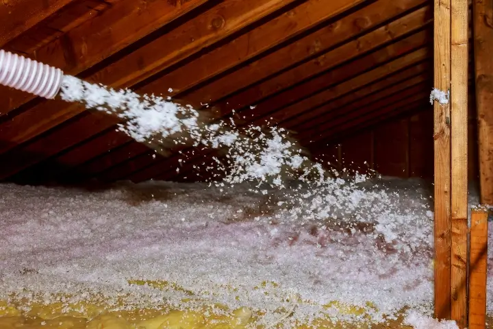 Technician spraying mineral rock wool of house attic insulation